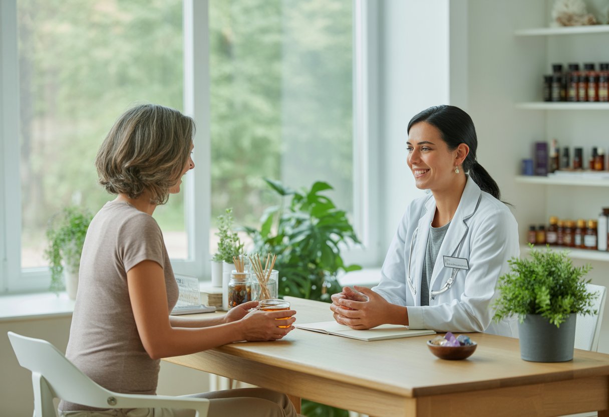 A holistic medicine practitioner and patient having a calm consultation in a bright wellness clinic surrounded by plants and natural healing items.