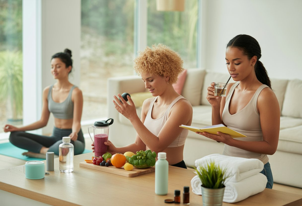 Three adults practicing wellness activities indoors with natural light, including meditation, making a smoothie, and journaling.