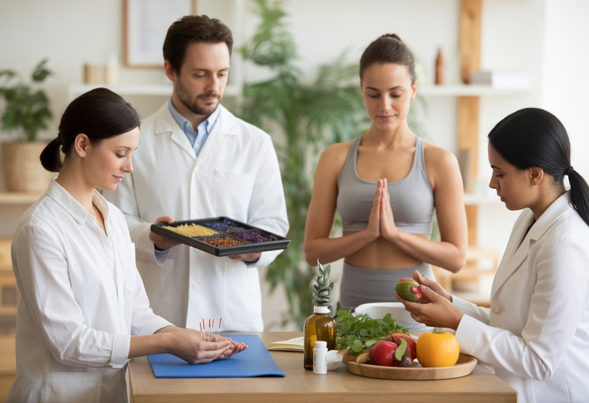 A group of holistic health practitioners including an acupuncturist, herbalist, yoga instructor, and nutritionist interacting in a bright wellness clinic with natural decor.