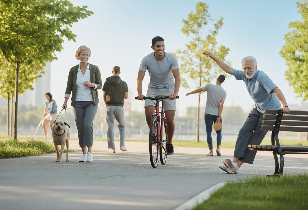 People walking a dog, biking, and stretching in a sunny urban park surrounded by trees.