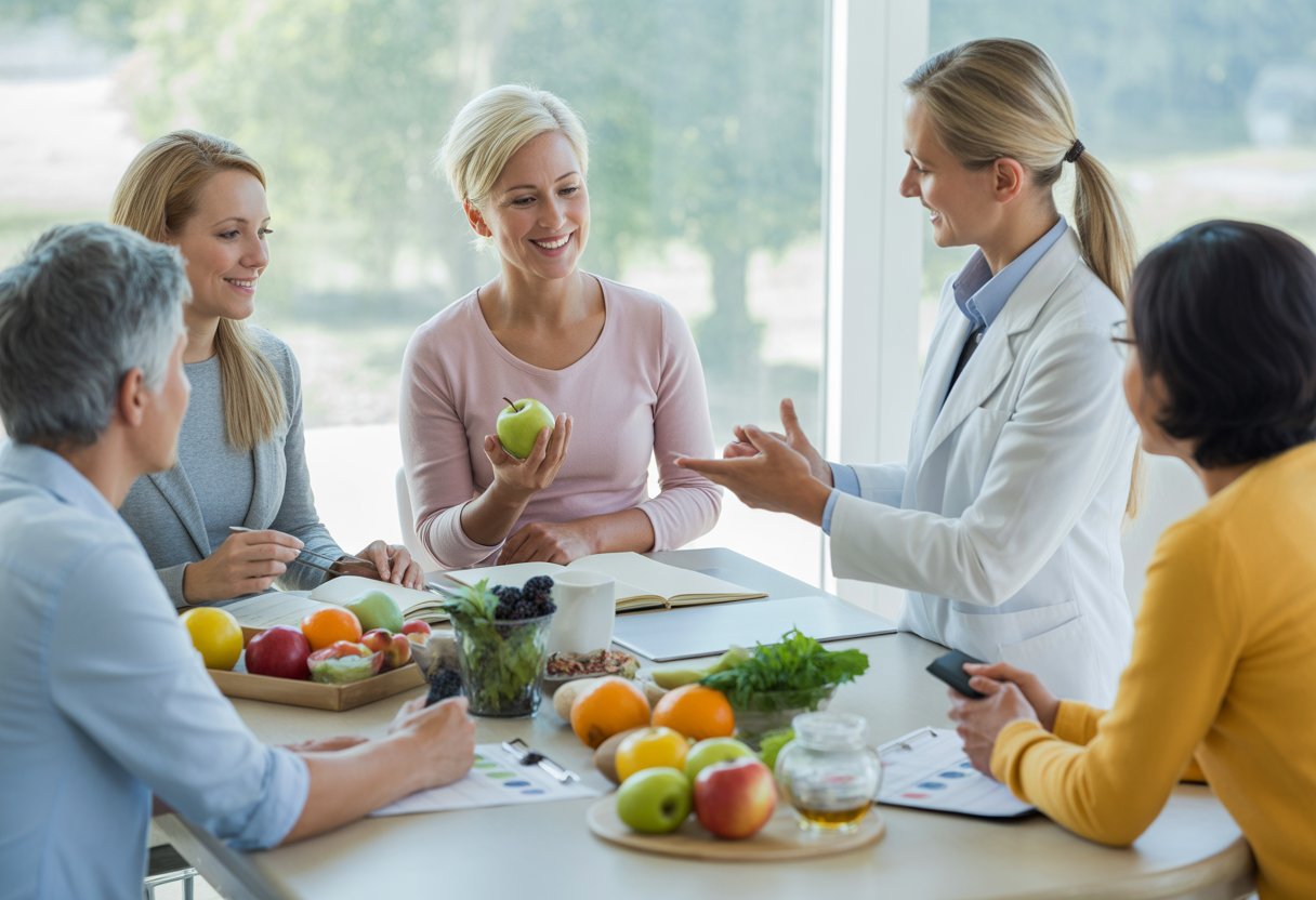 A holistic health practitioner consulting with a woman about nutrition and dietary choices in a bright wellness clinic.