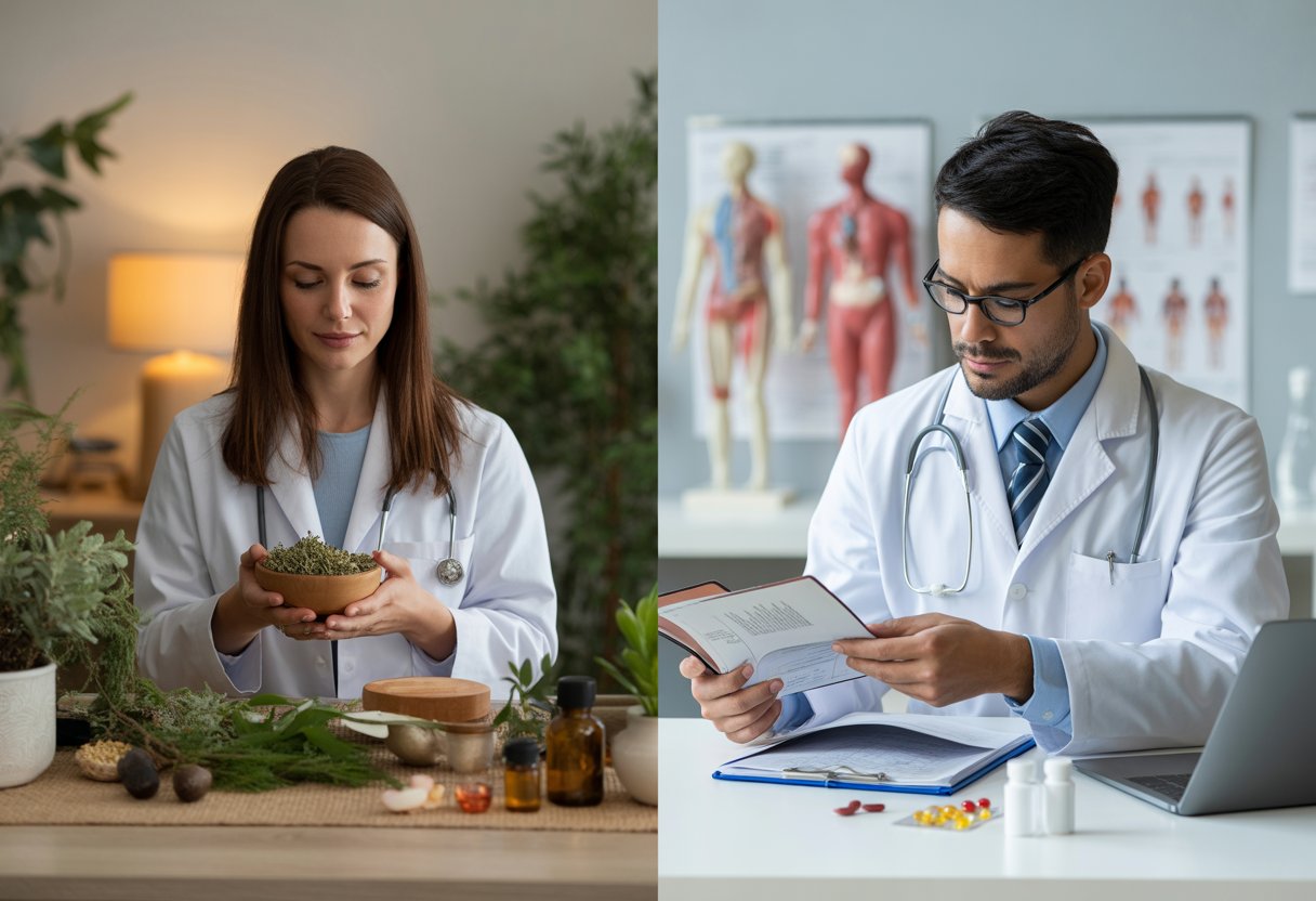 A holistic practitioner holding herbs on one side and a conventional doctor reviewing medical charts on the other side, representing different approaches to medicine.