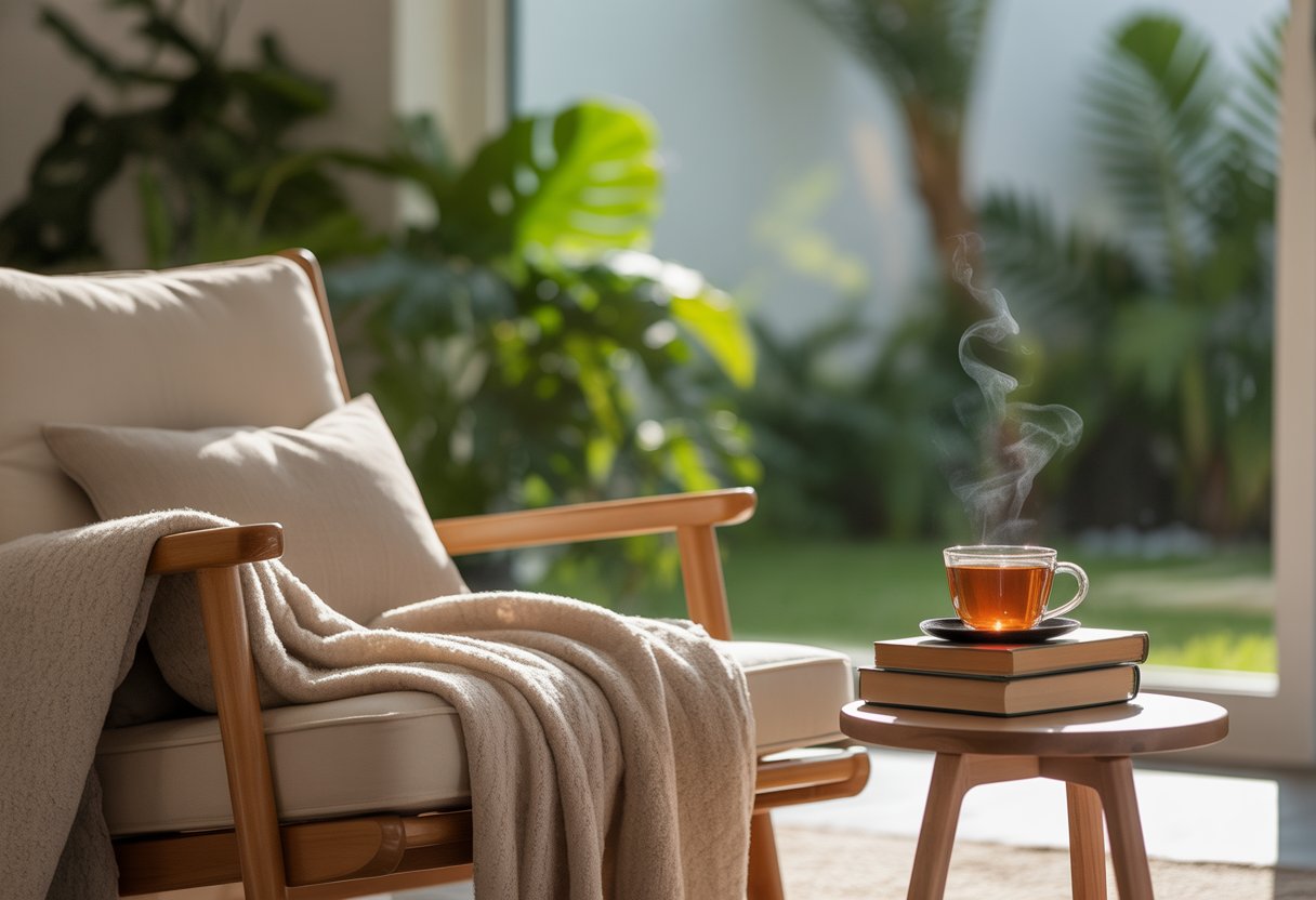 A cozy lounge chair with a blanket and a cup of tea on a side table in a bright room with green plants and a window showing a garden outside.