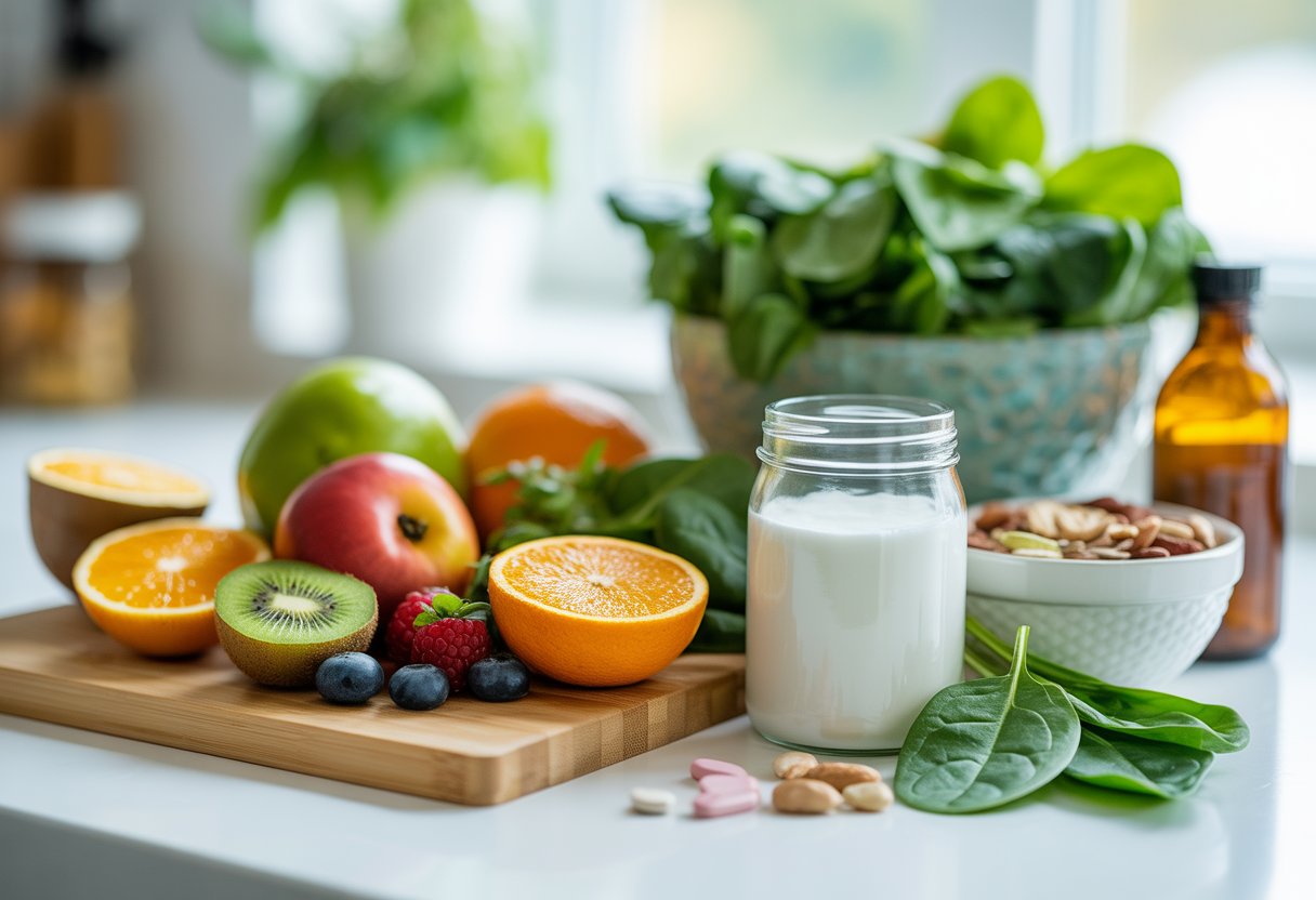 A kitchen countertop with fresh fruits, leafy greens, nuts, yogurt, and vitamin supplements arranged to represent gut health and immunity support.