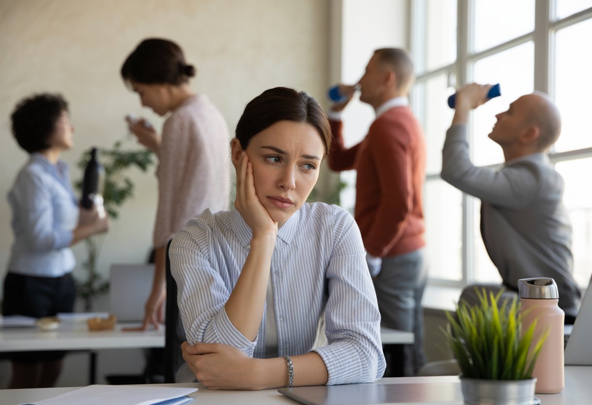 A young woman sitting at a desk looking thoughtful and tired while coworkers around her take breaks and stretch in a bright office.