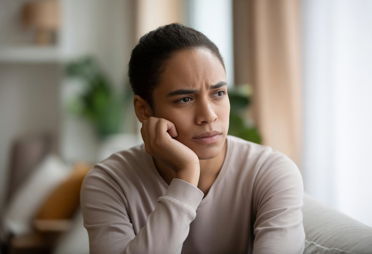 A young adult sitting indoors by a window, looking thoughtful and contemplative.