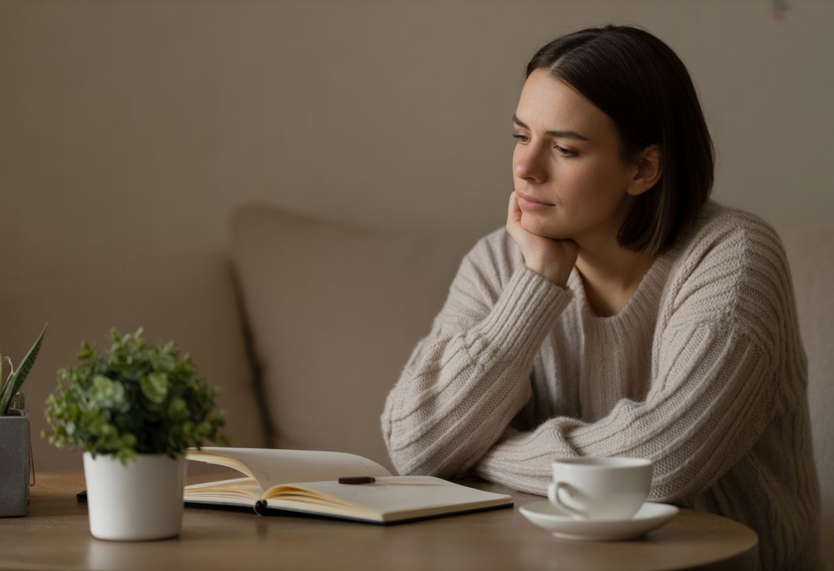 A young adult sitting alone in a cozy room, looking thoughtful and introspective.