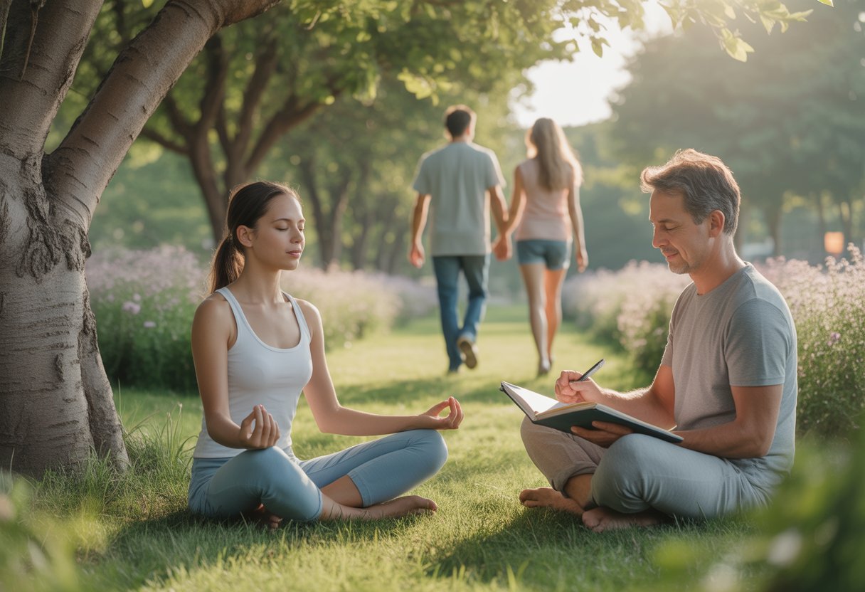 People in a peaceful outdoor setting practicing meditation, journaling, and walking together surrounded by trees and flowers.