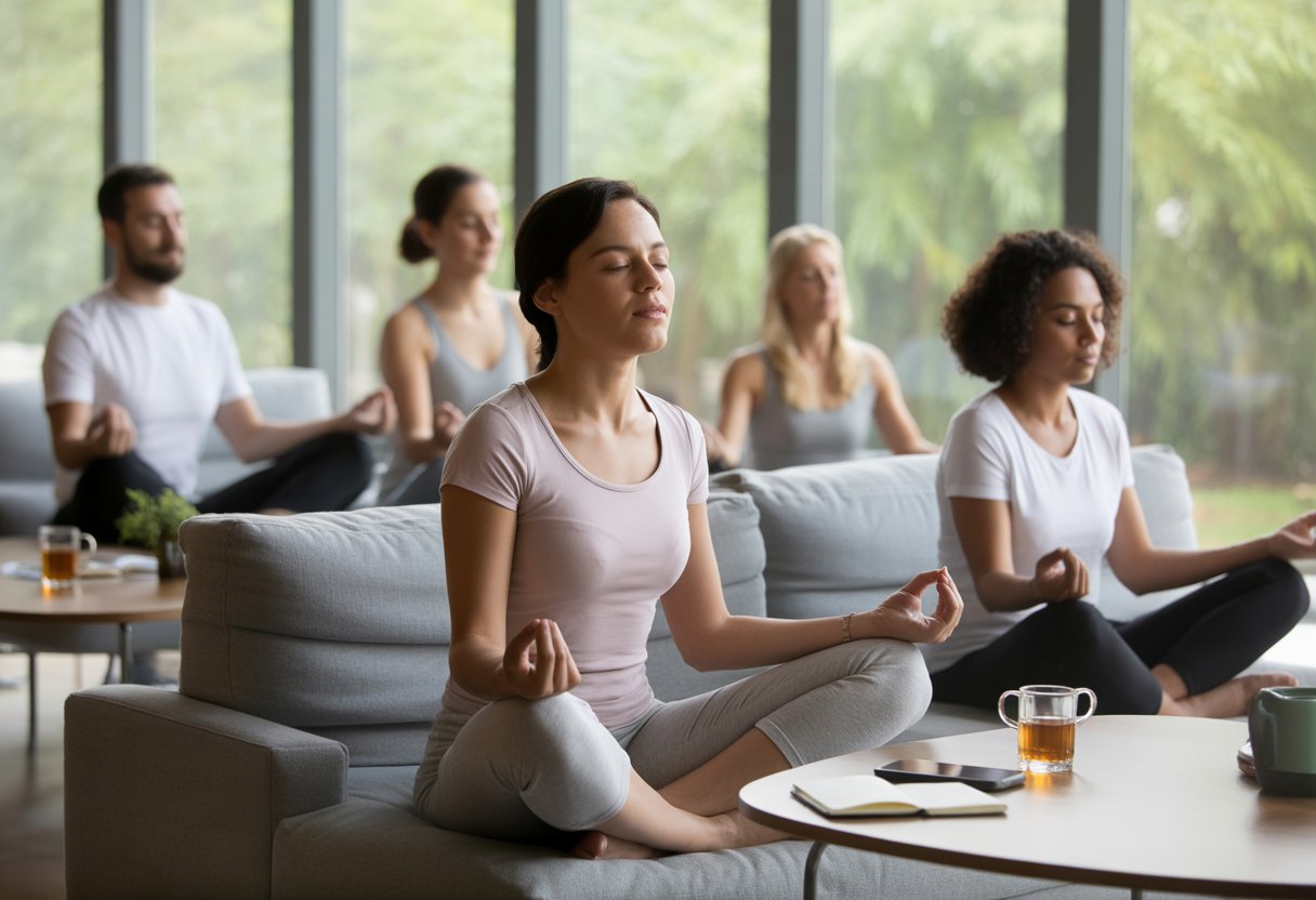 People in a calm room practicing relaxation and mindfulness activities to manage stress.
