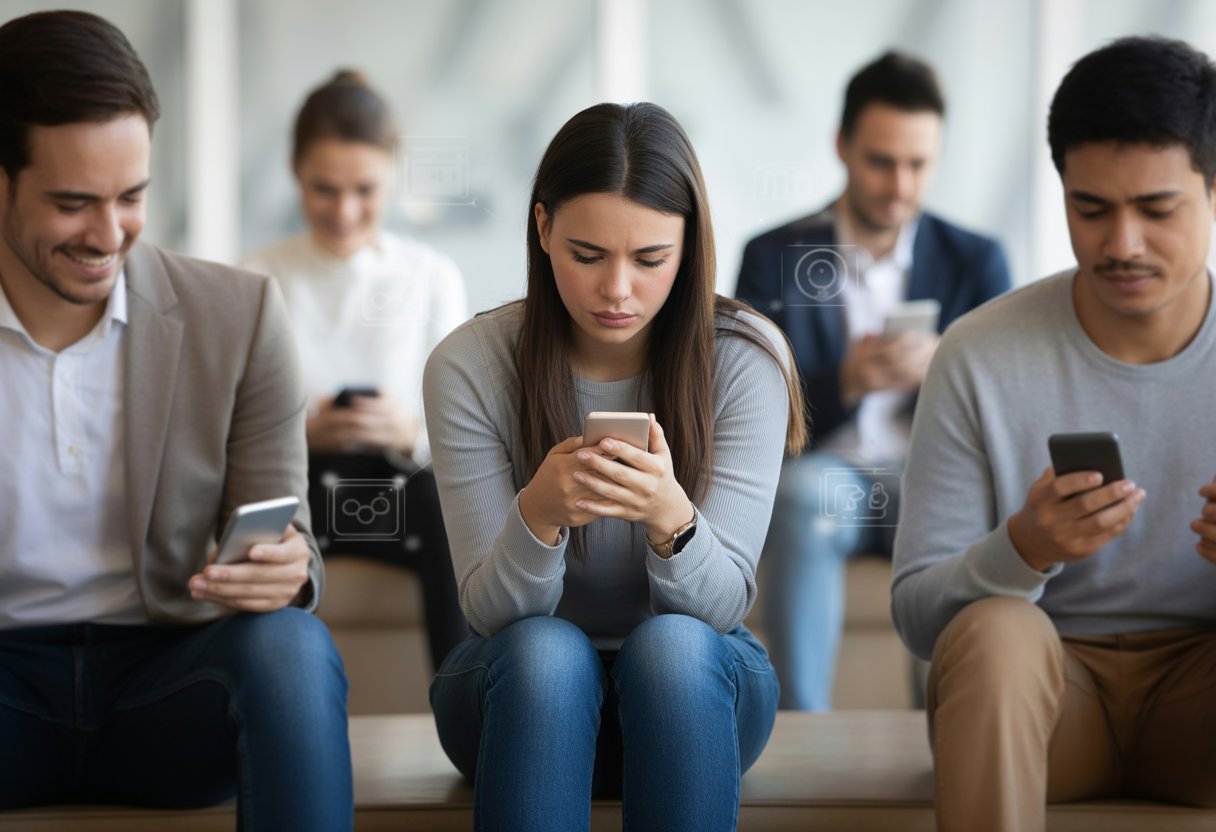 A young woman looking thoughtfully at her smartphone while others around her use their devices in a bright indoor space.