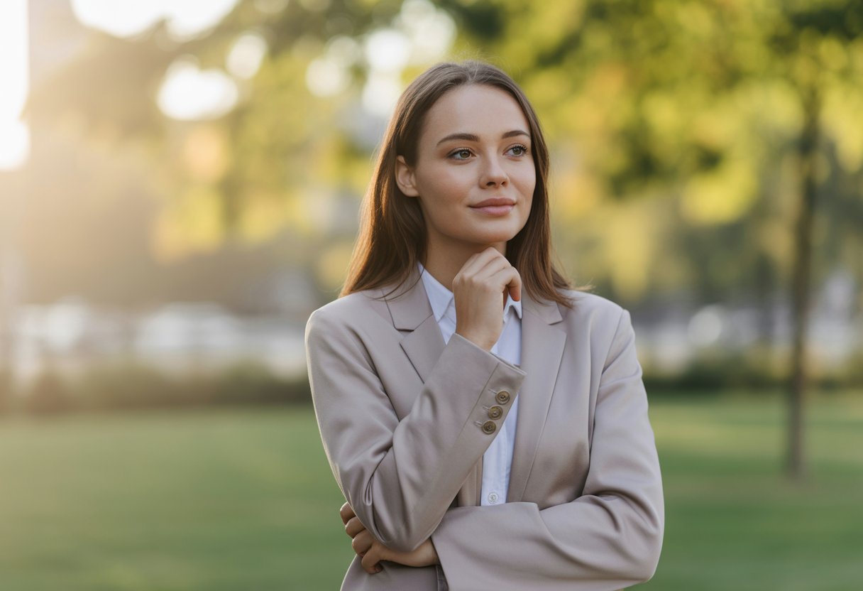 A young woman standing outdoors, looking thoughtfully into the distance with a calm expression.