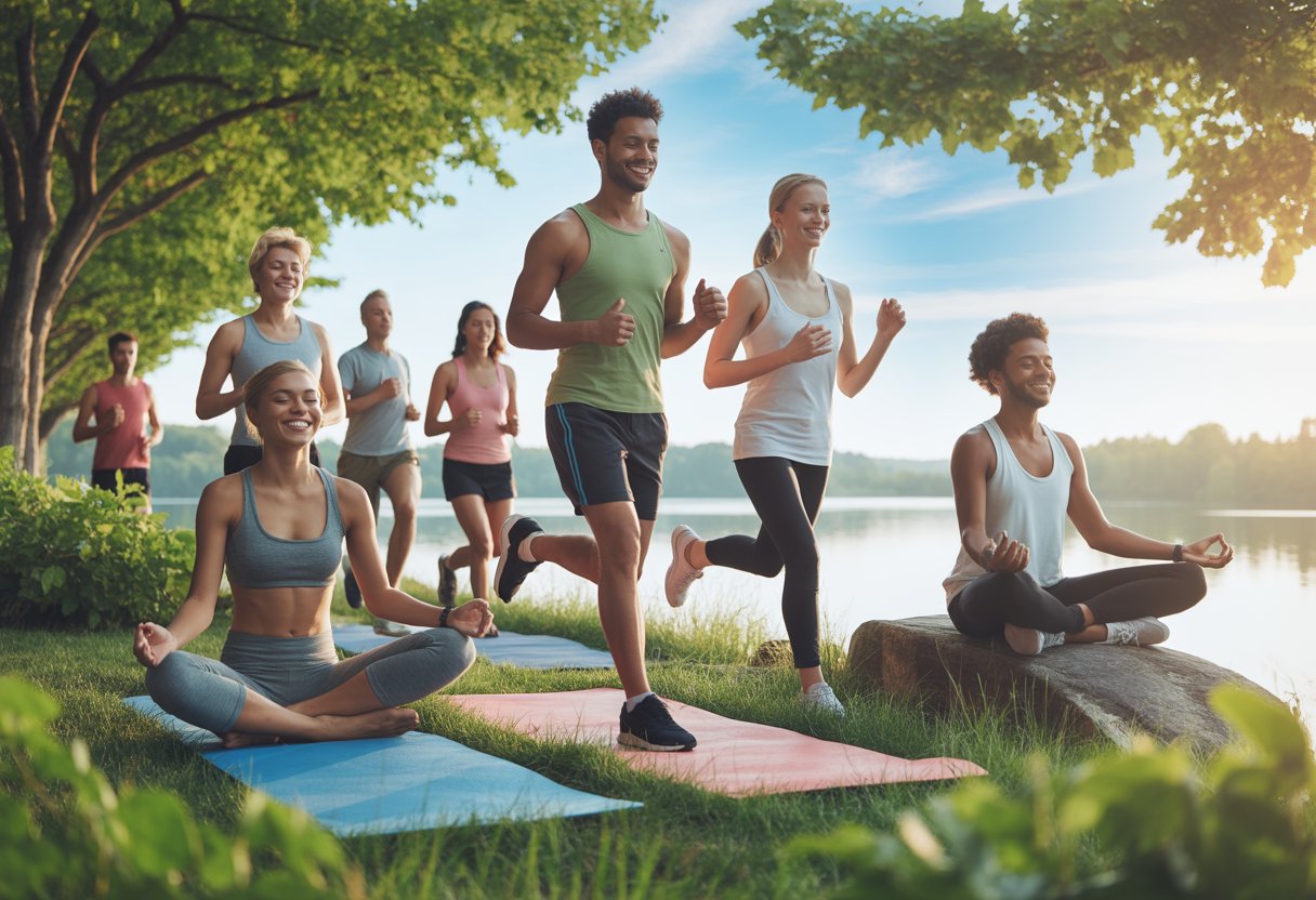A diverse group of people practicing yoga, jogging, and meditating outdoors in a natural setting with trees and a lake at sunrise.