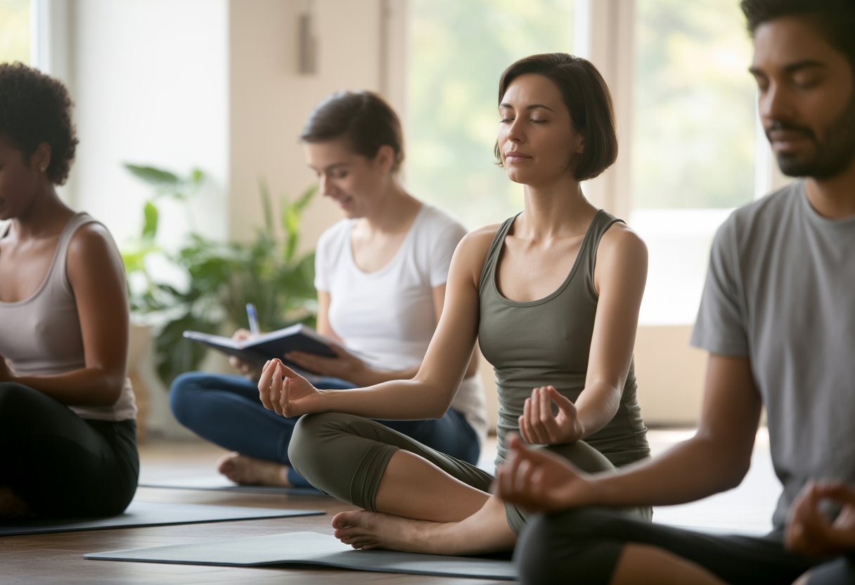 A woman meditating on a yoga mat with eyes closed while another person writes in a journal in a bright, peaceful room.