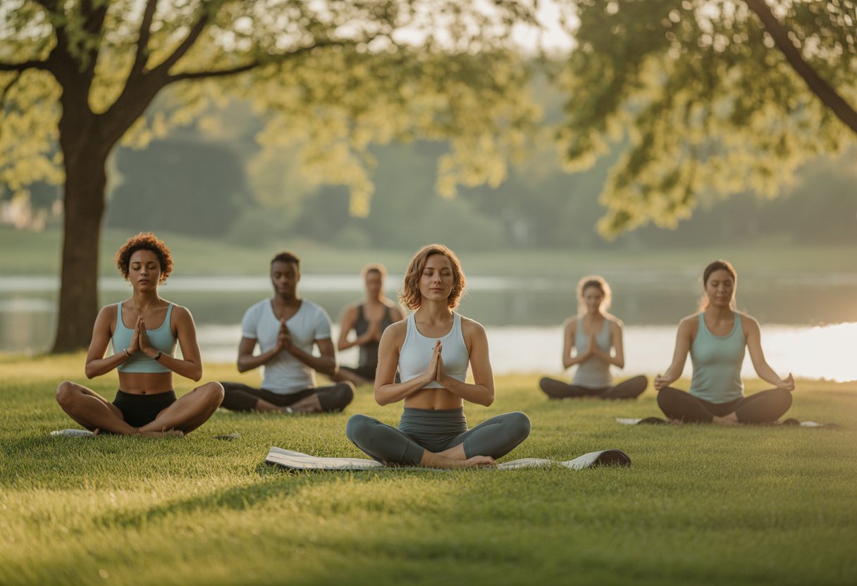 People practicing yoga and meditation outdoors in a peaceful green park with trees and a calm lake.
