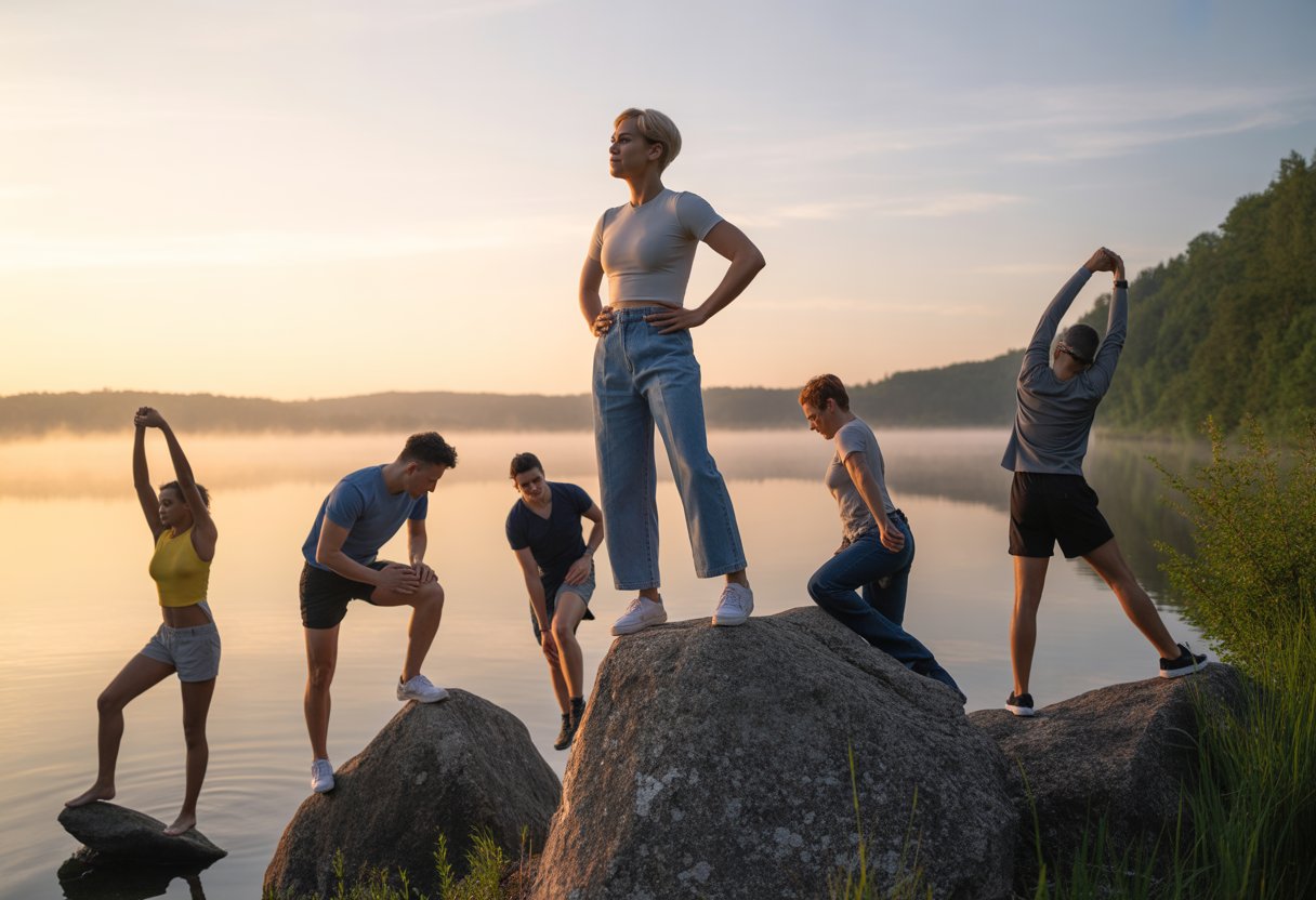 A group of adults outdoors near a lake at sunrise, some climbing rocks and others meditating, symbolizing personal growth and stepping beyond comfort zones.