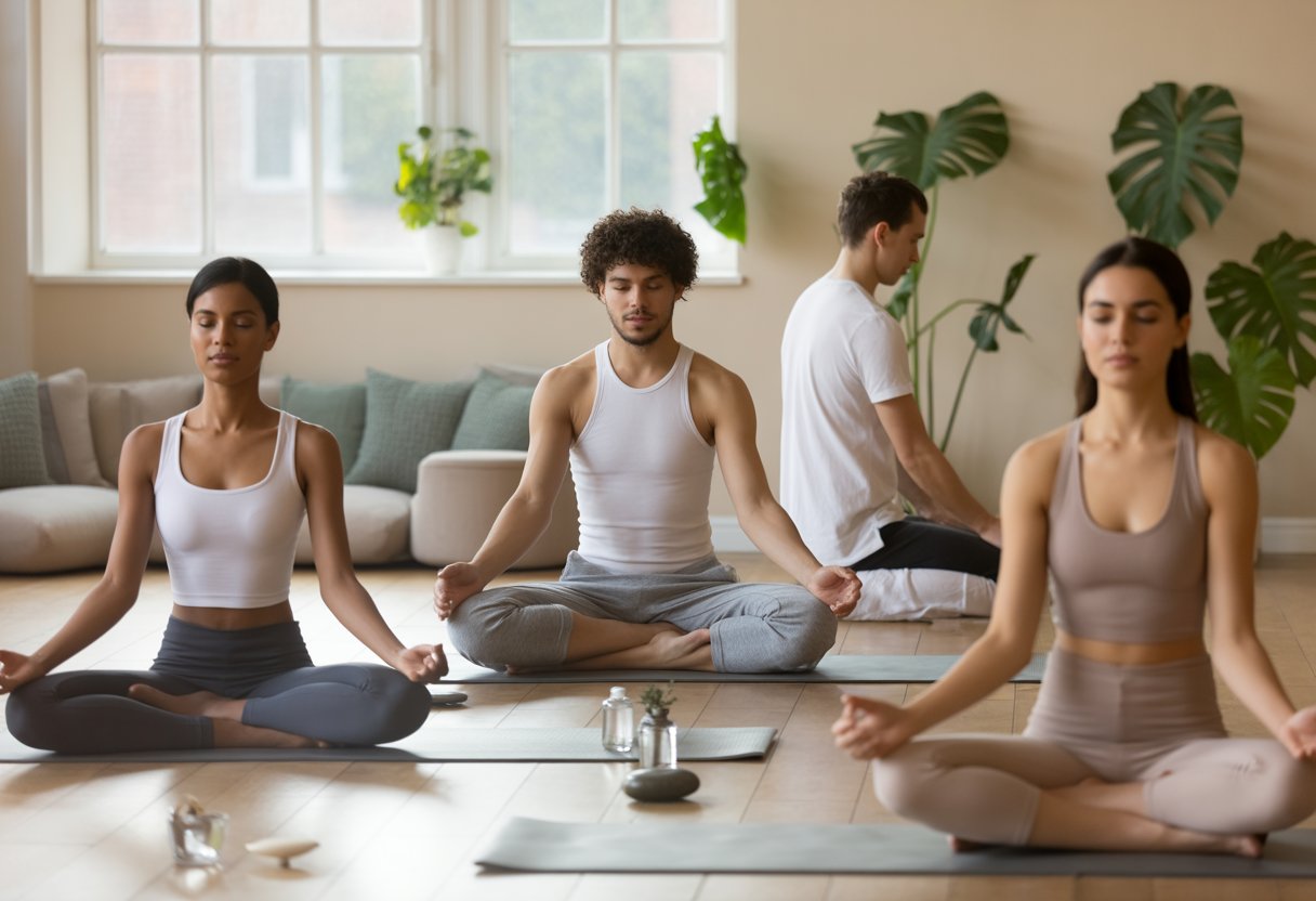 People practicing yoga, receiving a massage, and meditating in a bright wellness studio surrounded by plants.