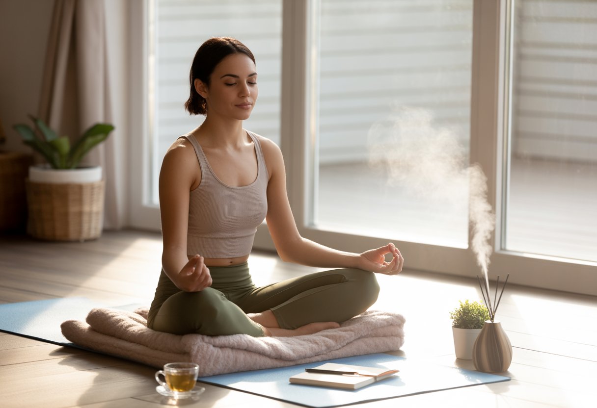 A woman meditating on a yoga mat near a sunlit window with a journal, herbal tea, and a plant nearby.