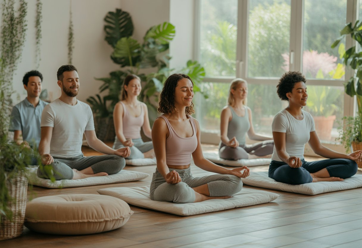 A group of people practicing meditation and gentle yoga in a bright room with plants and large windows showing a garden outside.