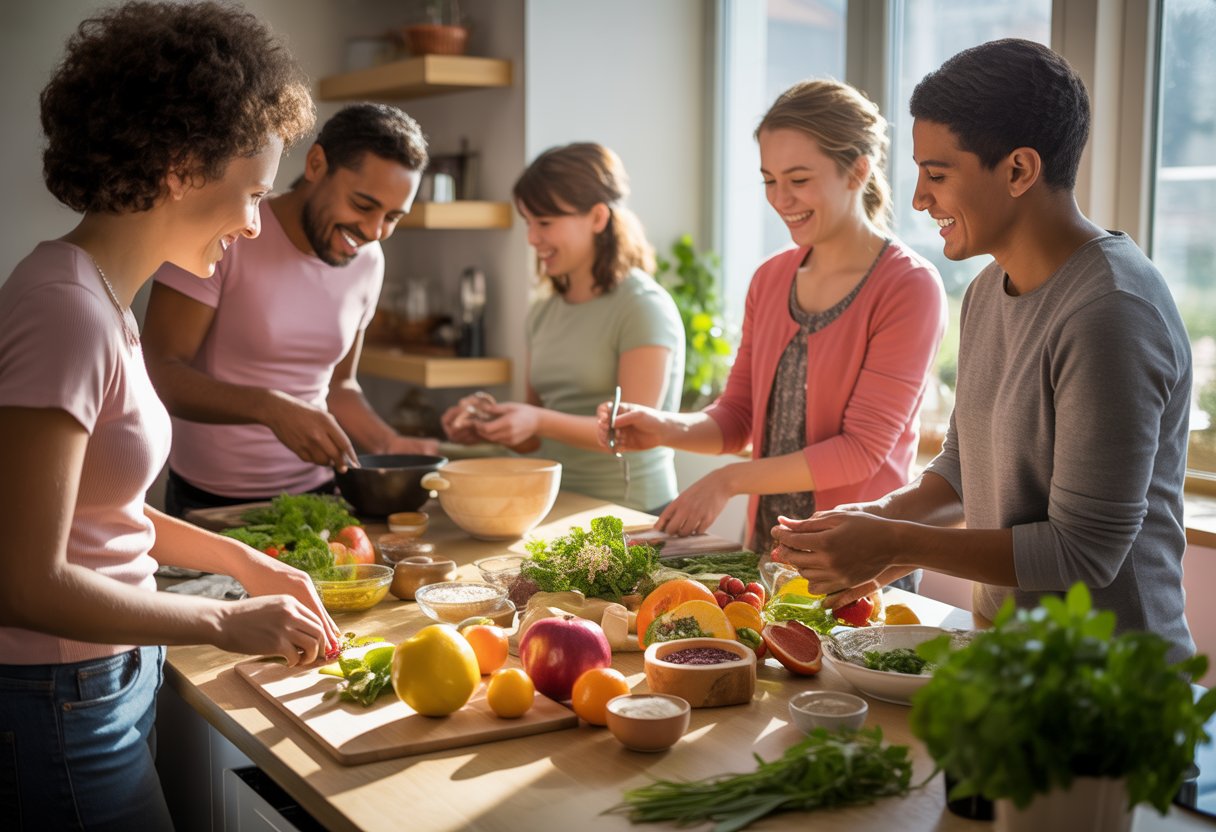 People preparing a healthy meal together in a bright kitchen with fresh fruits and vegetables.