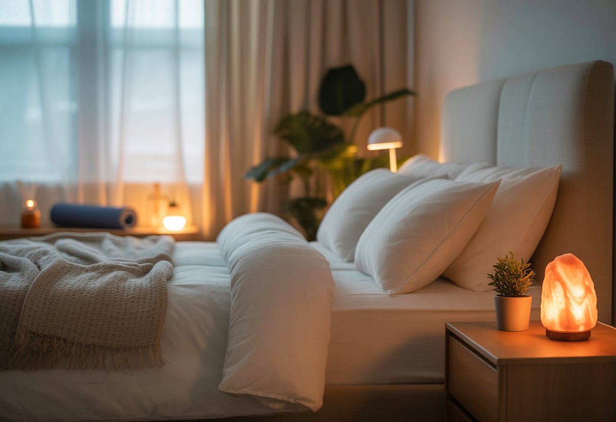 A peaceful bedroom with a neatly made bed, soft natural light, a small plant, and a salt lamp on a bedside table, creating a calm and restful atmosphere.