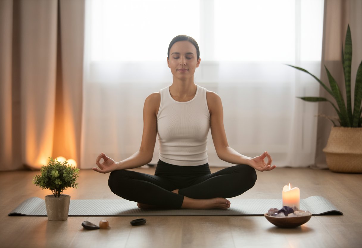 Person meditating cross-legged on a yoga mat in a peaceful, sunlit room with plants and candles nearby.