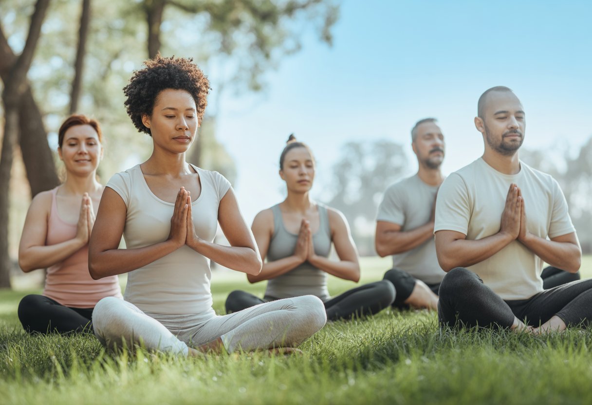 A group of adults practicing gentle yoga and stretching outdoors in a peaceful natural setting.