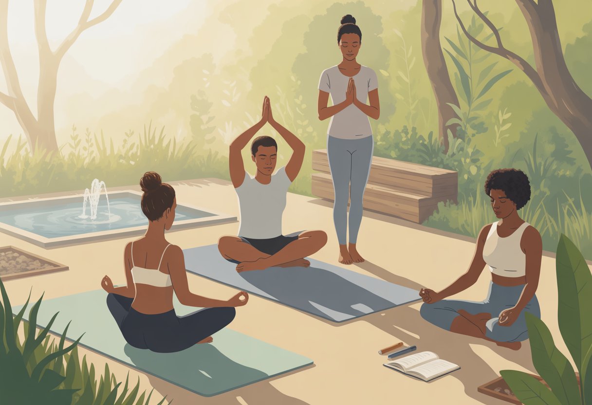 People practicing meditation, stretching, and journaling outdoors in a peaceful natural setting.