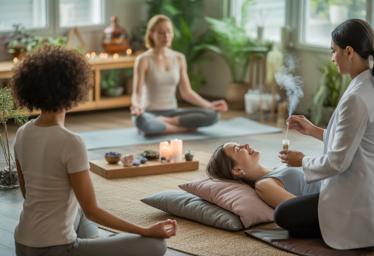 A peaceful wellness room where a woman receives acupuncture, another person meditates, and natural healing elements like plants and essential oils are visible.