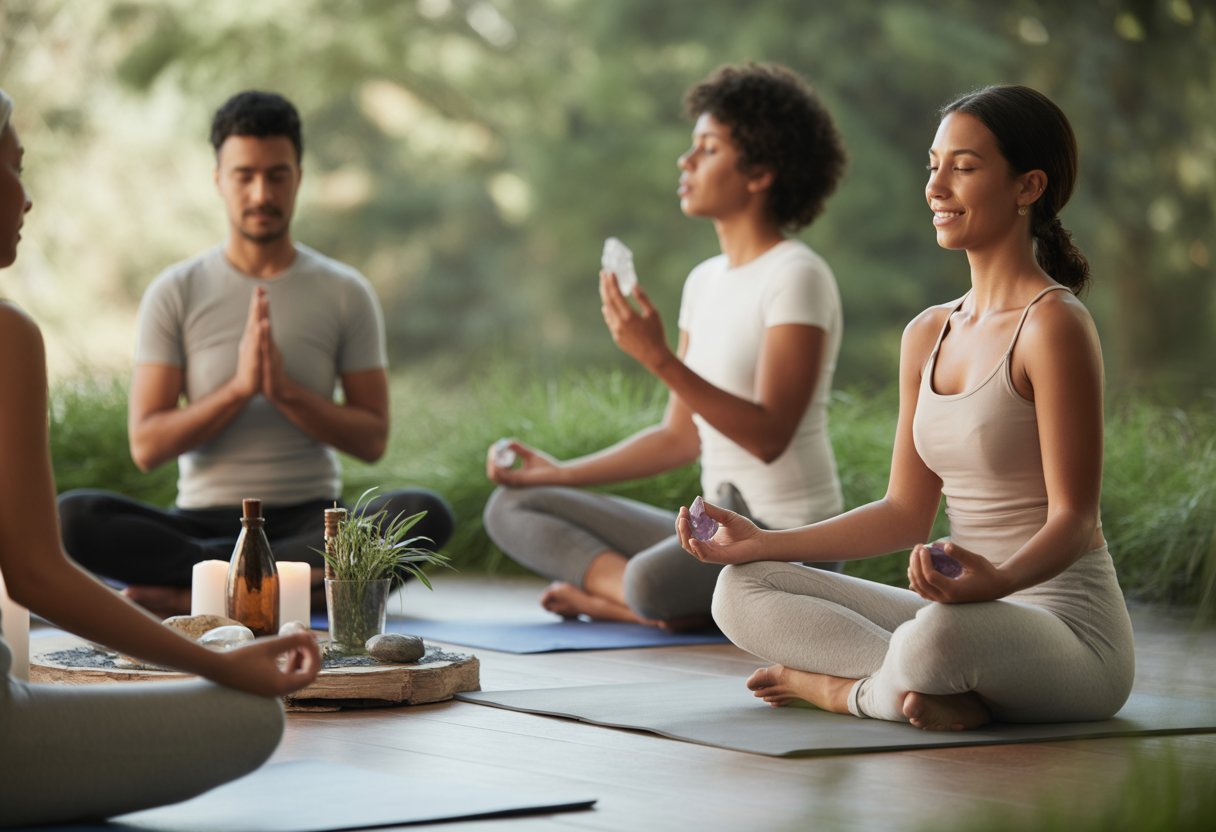 A group of people practicing meditation and mindfulness outdoors surrounded by plants and natural light.