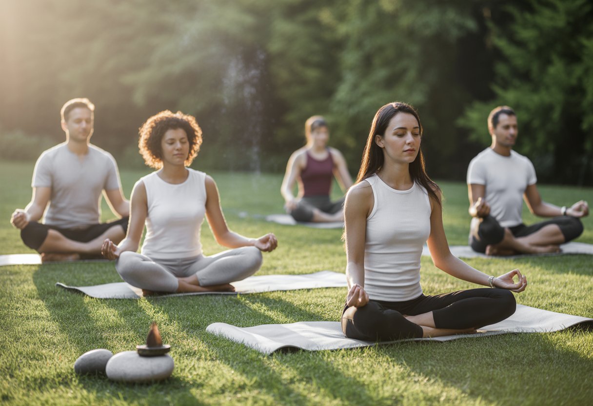 People practicing meditation and yoga outdoors in a peaceful natural setting surrounded by trees and soft sunlight.