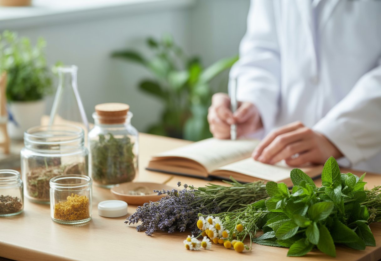 A wooden table with fresh and dried herbs, glass jars of supplements, and an open book, with a person in a white lab coat handling herbs in a bright, natural setting.