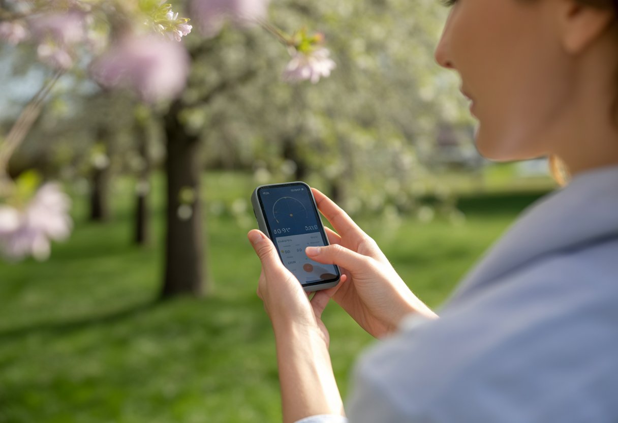 A person outdoors holding a device showing pollen data, with blooming flowers and trees in the background.