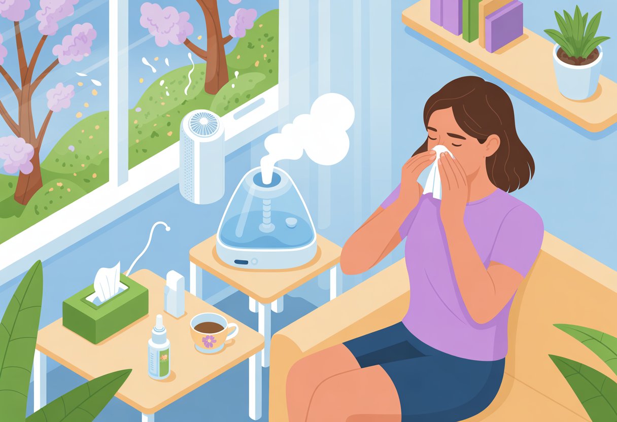 A person sitting on a couch inside a sunlit room with allergy relief items nearby and blossoming trees visible outside the window.