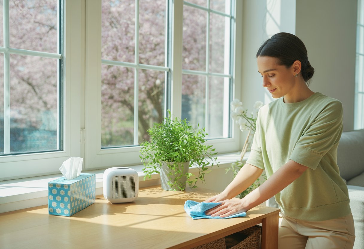 A person cleaning a bright living room with allergy relief items on a table and blooming trees visible outside the window.