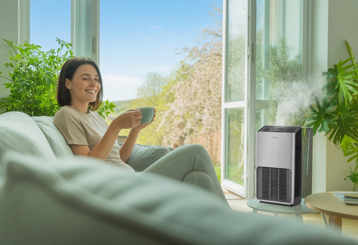 A young woman sitting on a sofa in a bright living room with indoor plants and an air purifier near an open window on a sunny spring day.
