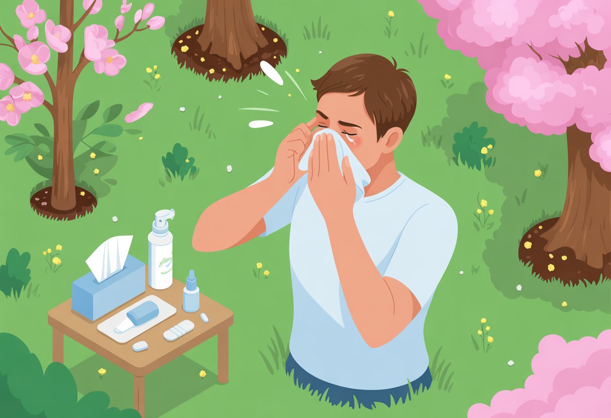 A person outdoors in spring surrounded by flowers and trees, touching their nose and eyes with allergy relief items nearby.