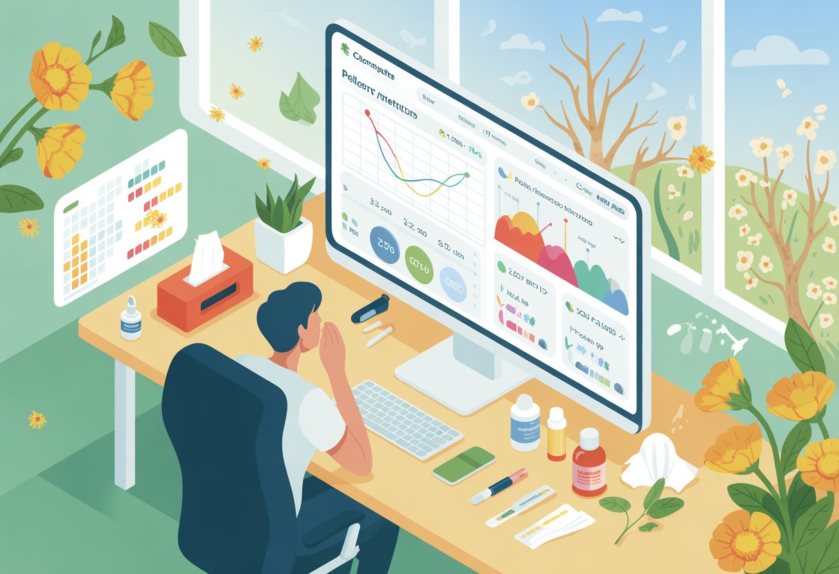 A person at a desk viewing a digital dashboard with pollen counts and allergy forecasts, surrounded by spring flowers and allergy relief items.