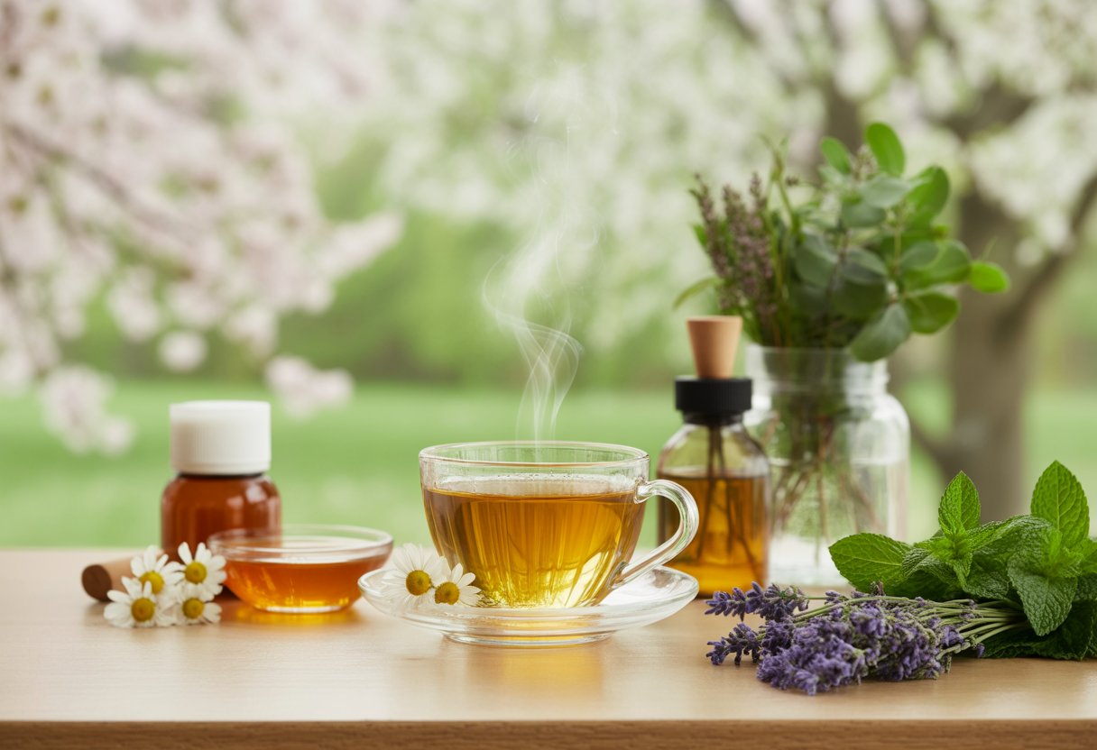 A table with herbal tea, honey, essential oil diffuser, and fresh herbs near a window showing blossoming trees outside.