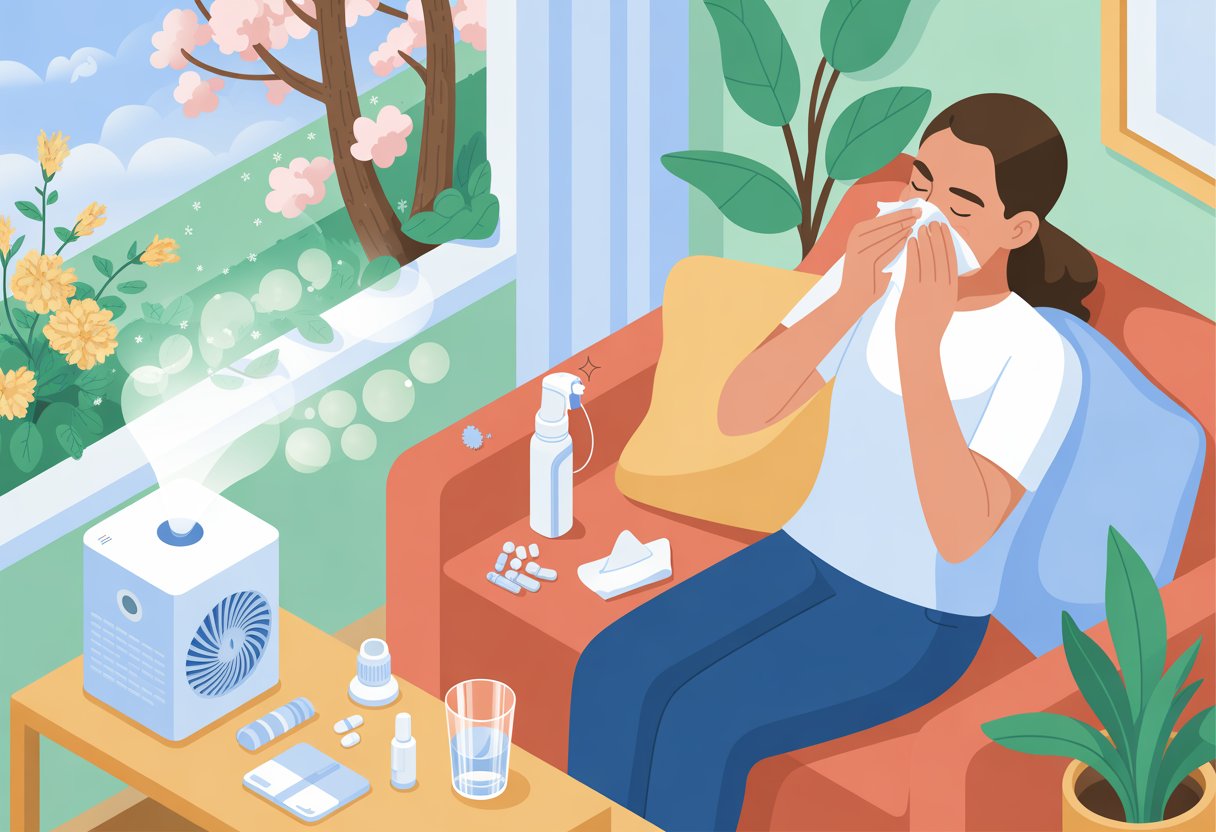 A person sitting on a sofa using tissues with allergy relief items like nasal spray and pills on a table nearby, with spring flowers visible outside the window.