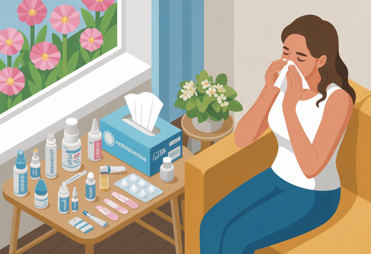 A person sitting on a sofa using allergy treatments inside a room with a table displaying medicines and a window showing blooming flowers outside.