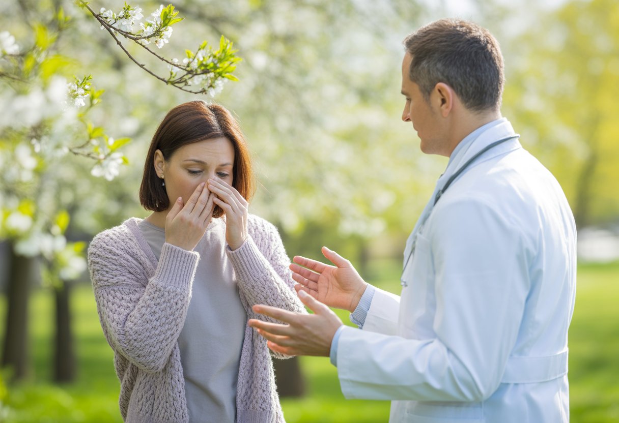 A woman outdoors touching her nose and eyes while a doctor speaks to her in a spring garden with blooming flowers.