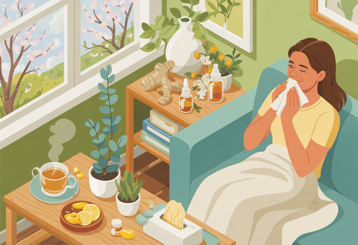 A bright room with open windows showing flowers outside, a person sitting on a sofa holding a tissue, surrounded by natural remedies like herbal tea, honey, lemon, eucalyptus plant, and a diffuser.
