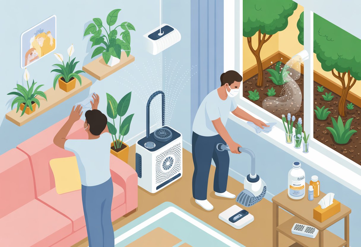 A bright home interior showing people cleaning and using air purifiers with plants and open windows to reduce spring allergies.