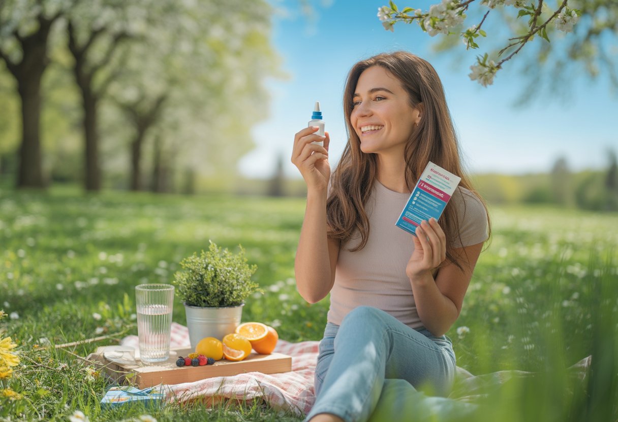 A young woman outdoors in a green park holding allergy medicine and nasal spray, surrounded by spring flowers and sunlight.