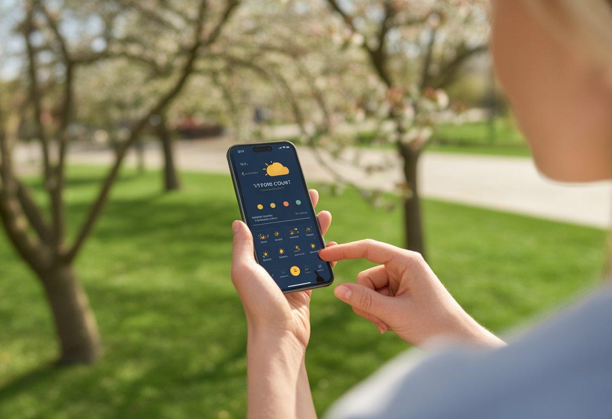 Person outdoors on a sunny spring day checking pollen count on a smartphone with blossoming trees in the background.