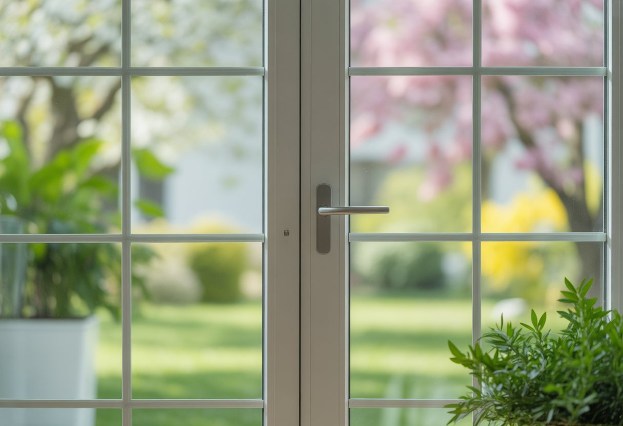 A closed window and door in a bright living room with plants inside and blooming trees visible outside.