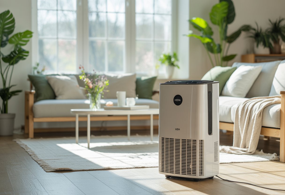 A bright living room with a white HEPA air purifier near a sofa, green plants, and fresh flowers on a coffee table.