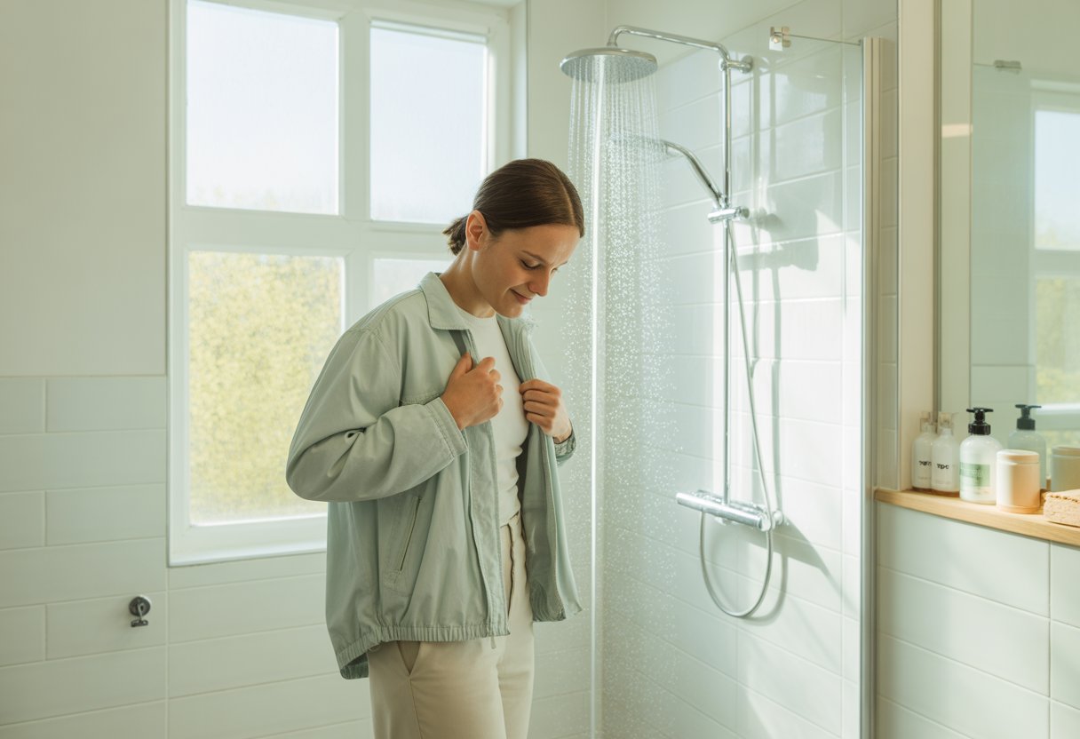 Person stepping into a shower in a bright bathroom, removing a light jacket after coming indoors.