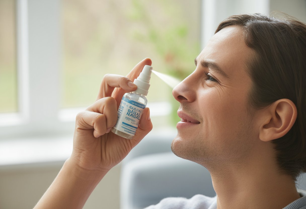 Person using a saline nasal spray to rinse their nose indoors near a window.
