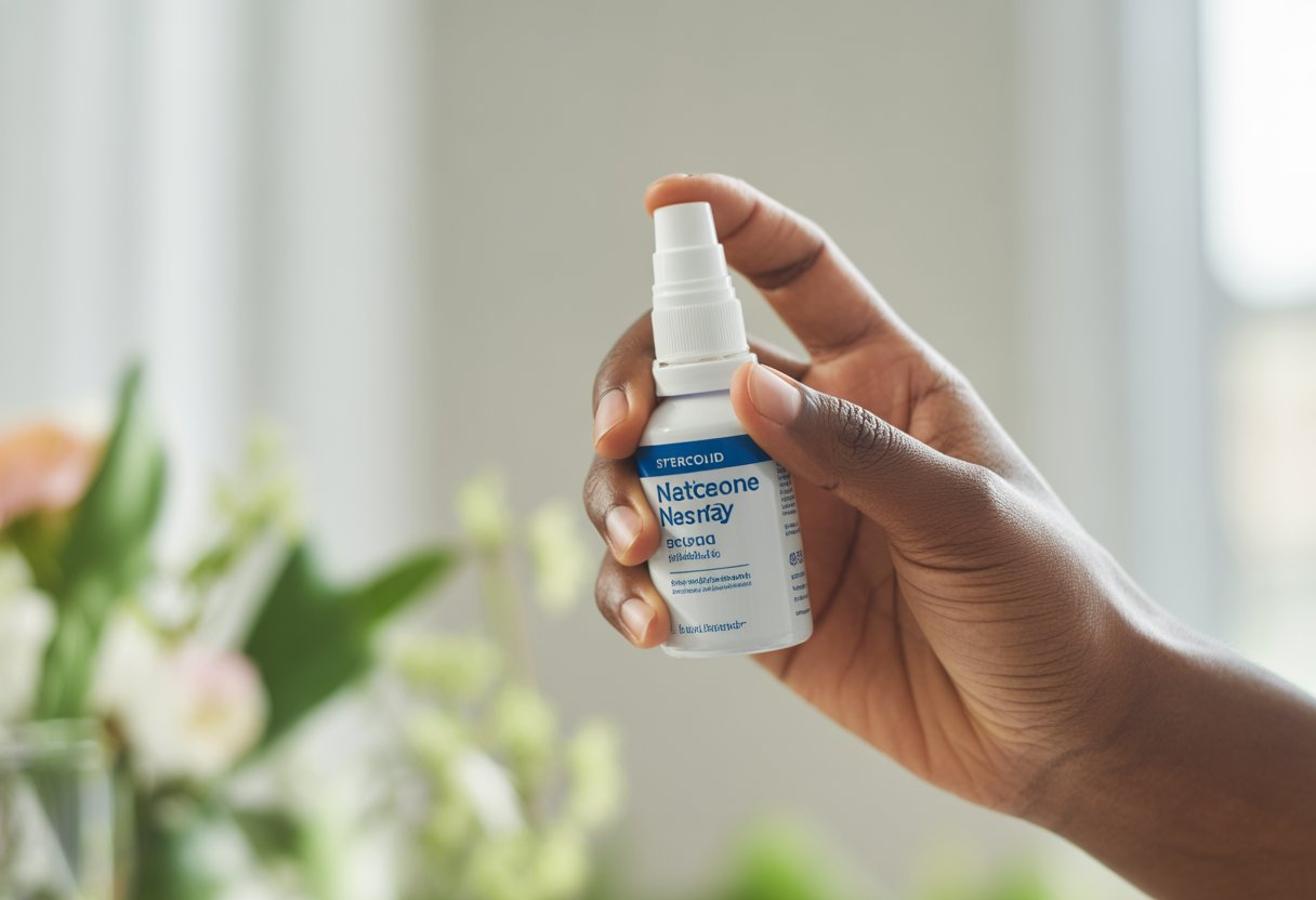 Close-up of a hand holding a steroid nasal spray bottle indoors with soft natural light and blurred spring plants in the background.
